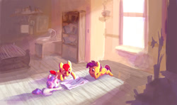 Size: 1024x608 | Tagged: safe, artist:nayshie, derpibooru import, apple bloom, scootaloo, sweetie belle, bedroom, crepuscular rays, cutie mark crusaders, glow, interior, window