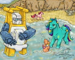 Size: 1280x1024 | Tagged: safe, artist:zombieprincess, derpibooru import, seaspray (g3), sea pony, g1, g3, beach, crossover, mouth hold, seaspray (transformers), shell, transformers, water