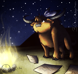 Size: 1000x948 | Tagged: safe, artist:aeritus, derpibooru import, orion, shooting star (character), buffalo, 30 minute art challenge, astronomy, campfire, fire, night, stars