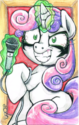 Size: 1022x1622 | Tagged: safe, artist:buttercupsaiyan, sweetie belle, crazybelle, insanity, magic, microphone, traditional art