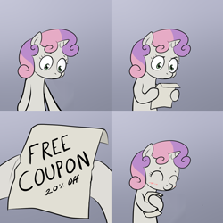 Size: 2000x2000 | Tagged: safe, artist:lemondevil, sweetie belle, pony, unicorn, bipedal, blushing, comic, coupon, exploitable meme, female, filly, gradient background, happy, hoof hold, horn, hug, hug coupon, letter, meme, note, paper, solo, sweetie hugs a note, sweetie's note meme, two toned hair, white coat