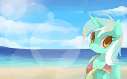 Size: 1600x1000 | Tagged: dead source, safe, artist:loyaldis, derpibooru import, lyra heartstrings, anthro, unicorn, beach, female, solo, swimsuit