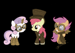 Size: 900x637 | Tagged: safe, artist:kittyhawkman, apple bloom, scootaloo, sweetie belle, earth pony, pegasus, pony, unicorn, adorabloom, bowtie, clothes, cute, cutealoo, cutie mark crusaders, diasweetes, female, feminism, filly, goggles, hat, scarf, shirt, steampunk, top hat