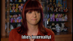 Size: 640x360 | Tagged: safe, derpibooru import, descriptive noise, drama, irl, lauren faust, lauren faust macro, meme, photo, reaction image, solo, text, x internally