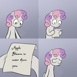 Size: 700x700 | Tagged: safe, apple bloom, sweetie belle, pony, unicorn, bipedal, crying, exploitable meme, female, filly, gradient background, hoof hold, horn, letter, meme, paper, sad, solo, sweetie's note meme, two toned hair, white coat