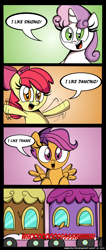 Size: 1100x2586 | Tagged: safe, artist:daniel-sg, derpibooru import, apple bloom, scootaloo, sweetie belle, earth pony, pegasus, pony, unicorn, abuse, asdfmovie, asdfmovie2, comic, cutie mark crusaders, female, filly, friendship express, i like trains, parody, scootabuse, train