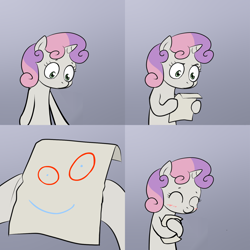 Size: 2000x2000 | Tagged: safe, sweetie belle, pony, unicorn, bipedal, ed edd n eddy, exploitable meme, female, filly, gradient background, hoof hold, horn, hug, letter, meme, paper, plank, solo, sweetie hugs a note, sweetie's note meme, two toned hair, white coat