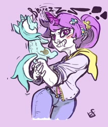 Size: 852x1000 | Tagged: safe, artist:holotuff, derpibooru import, lyra heartstrings, /mlp/, hole, horned humanization, humanized, jojo pose, lyra plushie, mascot, mlp tan, plothole plush lyra