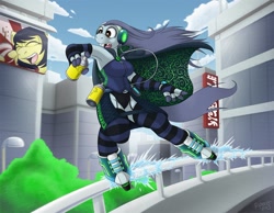 Size: 1280x991 | Tagged: safe, artist:r perils, oc, oc only, oc:ipsywitch, anthro, finger hooves, gap teeth, grinding, jet set radio, rail grinding