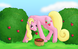 Size: 2000x1249 | Tagged: safe, artist:rikakitty, derpibooru import, g3, basket, mouth hold, solo, strawberries, strawberry sunset