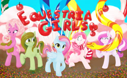 Size: 1024x626 | Tagged: safe, artist:balderdash999, derpibooru import, oc, oc only, oc:candy cane, oc:dolly, oc:snow crystal, california gurls, candy, equestria girls (song), hilarious in hindsight, katy perry, song reference