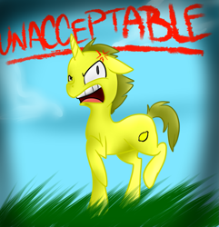 Size: 877x911 | Tagged: safe, artist:insanity-in-corpse, derpibooru import, pony, unicorn, adventure time, cross-popping veins, floppy ears, lemongrab, male, ponified, raised hoof, solo, stallion, unacceptable, yelling