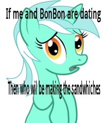 Size: 216x250 | Tagged: safe, derpibooru import, bon bon, lyra heartstrings, sweetie drops, pony, unicorn, compressed, conspiracy lyra, exploitable meme, female, green coat, horn, looking at you, mare, meme, op is a cuck, open mouth, sexism, simple background, solo, text, two toned mane