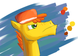 Size: 690x496 | Tagged: safe, artist:tggeko, carrot cake, earth pony, pony, abstract background, bust, frown, hat, male, solo, stallion