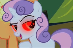 Size: 1284x846 | Tagged: safe, derpibooru import, screencap, sweetie belle, sweetie bot, pony, robot, unicorn, friendship is witchcraft, female, filly, foal, hooves, horn, neigh soul sister, open mouth, red eyes, solo, solo focus