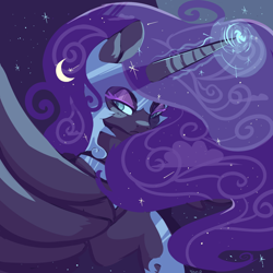 Size: 1200x1200 | Tagged: safe, artist:clockworkquartet, derpibooru import, nightmare moon, glow, long mane, magic, solo