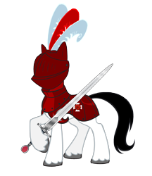 Size: 2093x2421 | Tagged: safe, artist:php50, derpibooru import, pony, armor, fantasy class, helmet, hoof hold, knight, lord, protector, raised hoof, red, solo, sword, warrior, weapon