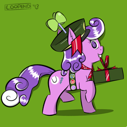 Size: 1000x1000 | Tagged: safe, artist:pijinpyon, screwball, badge, cookie, filly guides, hat, mouth hold, package, present, propeller hat, scout, solo, swirly eyes