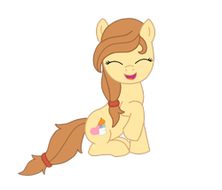 Size: 1122x960 | Tagged: safe, artist:rad-girl, derpibooru import, oc, oc only, oc:cream heart, earth pony, pony, cutie mark, eyes closed, female, hooves, mare, open mouth, raised hoof, simple background, sitting, smiling, solo, transparent background