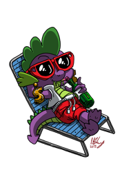 Size: 700x990 | Tagged: safe, artist:projectzuel, derpibooru import, spike, dragon, bottle, chair, clothes, drink, earring, lazy, lounging, soda, solo, sunglasses, swimsuit