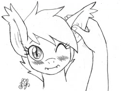 Size: 1500x1131 | Tagged: safe, artist:dj-black-n-white, derpibooru import, oc, oc only, oc:midnight blossom, bat pony, human, pony, blushing, cute, ear scratch, fangs, monochrome