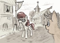 Size: 1280x922 | Tagged: safe, artist:agm, derpibooru import, scootaloo, twist, bag, glasses, ponyville, street