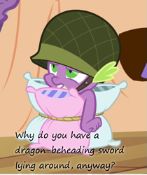 Size: 545x649 | Tagged: safe, derpibooru import, edit, edited screencap, screencap, spike, dragon, the crystal empire, helmet, insane pony thread, pillow, solo, sword, tumblr