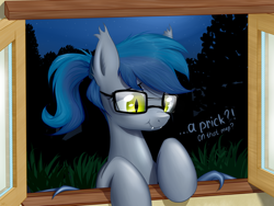 Size: 1600x1200 | Tagged: safe, artist:xn-d, derpibooru import, oc, oc only, oc:mosina, bat pony, pony, glasses, ponytail, scrunchy face, solo, window