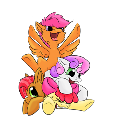 Size: 1747x1884 | Tagged: safe, artist:linnyillustrates, derpibooru import, apple bloom, babs seed, scootaloo, sweetie belle, earth pony, pegasus, pony, unicorn, cheek fluff, cutie mark crusaders, female, filly, fluffy, gritted teeth, open mouth, pony pile, simple background, smiling, transparent background