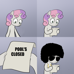 Size: 2000x2000 | Tagged: safe, derpibooru import, sweetie belle, pony, unicorn, afro, bipedal, exploitable meme, female, filly, gradient background, hoof hold, horn, letter, meme, paper, pool's closed, solo, sweetie's note meme, two toned hair, white coat