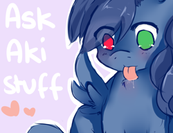 Size: 1280x983 | Tagged: safe, artist:ask-aki-pony, derpibooru import, oc, oc only, pegasus, pony, aki, chest fluff, drool, heart, heterochromia, licking, solo, tongue out