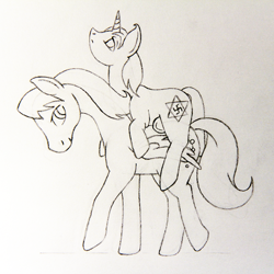 Size: 650x650 | Tagged: safe, artist:veilleurdechagrin, oc, oc only, pegasus, pony, unicorn, piggyback ride