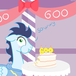 Size: 600x600 | Tagged: safe, artist:hudoyjnik, artist:synch-anon, derpibooru import, soarin', blushing, cake, solo