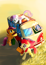 Size: 2480x3508 | Tagged: safe, artist:gashiboka, derpibooru import, apple bloom, scootaloo, sweetie belle, earth pony, pegasus, pony, unicorn, cutie mark crusaders, female, filly, microbus, mouth hold, van, volkswagen, volkswagen transporter, volkswagen type 2