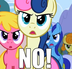 Size: 750x720 | Tagged: safe, screencap, bon bon, carrot top, cherry berry, golden harvest, minuette, sweetie drops, the super speedy cider squeezy 6000, angry, bon bon is not amused, caption, image macro, no, reaction image