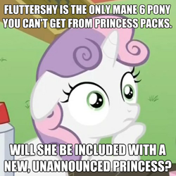 Size: 499x499 | Tagged: safe, derpibooru import, edit, edited screencap, screencap, sweetie belle, pony, unicorn, ponyville confidential, female, filly, horn, meme, prediction, solo, sudden clarity sweetie belle, text, toy, two toned mane, white coat, wide eyes