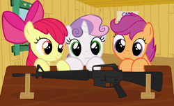 Size: 1095x670 | Tagged: safe, artist:totallynotabronyfim, derpibooru import, apple bloom, scootaloo, sweetie belle, earth pony, pegasus, pony, unicorn, cutie mark crusaders, gun, m16, m16a1, smiling, this will end in tears