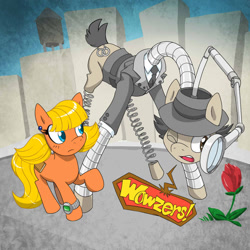 Size: 800x800 | Tagged: safe, artist:kandlin, cyborg, pony, city, flower, inspector gadget, penny, penny (inspector gadget), penny gadget, ponified, rose