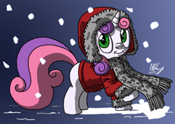 Size: 990x700 | Tagged: safe, artist:projectzuel, derpibooru import, sweetie belle, clothes, coat, scarf, snow, snowfall, solo