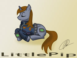 Size: 1024x768 | Tagged: safe, artist:stein-vs, oc, oc only, oc:littlepip, pony, unicorn, fallout equestria, clothes, cutie mark, eyes closed, fanfic, fanfic art, female, hooves, horn, lying down, mare, pipbuck, prone, simple background, smiling, solo, text, vault suit