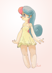 Size: 1284x1816 | Tagged: safe, artist:twitchykismet, derpibooru import, bon bon, sweetie drops, clothes, dress, earring, gradient background, humanized, nail polish, solo