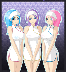 Size: 1850x2000 | Tagged: safe, artist:zantyarz, derpibooru import, aloe, lotus blossom, vera, human, bedroom eyes, breasts, clothes, cute, eye clipping through hair, female, humanized, looking at you, smiling, spa twins, trio