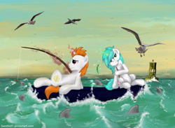 Size: 3000x2200 | Tagged: safe, artist:sweeterwho, derpibooru import, oc, oc only, seagull, shark, boat, fishing, fishing rod, magic, ocean