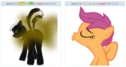 Size: 528x282 | Tagged: safe, derpibooru import, scootaloo, oc, pony, skunk, skunk pony, exploitable meme, fart, juxtaposition, juxtaposition win, kissing, meme, plot