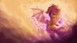 Size: 1920x1080 | Tagged: safe, artist:assasinmonkey, derpibooru import, scootaloo, badass, dragon wings, transformation