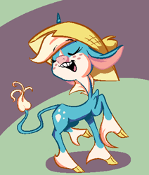 Size: 385x454 | Tagged: safe, artist:sb, derpibooru import, oc, oc only, classical unicorn, billie, freckles, hat, leonine tail, solo