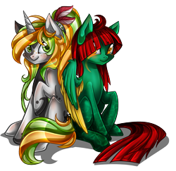 Size: 1413x1371 | Tagged: safe, artist:couratiel, derpibooru import, oc, oc only, pegasus, pony, unicorn, simple background, sitting, transparent background