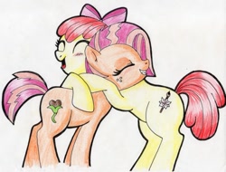 Size: 700x533 | Tagged: safe, artist:warumono1989, derpibooru import, apple bloom, babs seed, cutie mark, heartwarming, hug, older