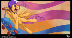 Size: 1470x788 | Tagged: safe, artist:imp-oster, derpibooru import, scootaloo, riding, scooter, solo, windswept mane