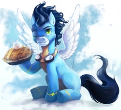 Size: 1280x1166 | Tagged: safe, artist:r0b0tassassin, derpibooru import, soarin', pegasus, pony, male, pie, sitting, solo, stallion, that pony sure does love pies, wink